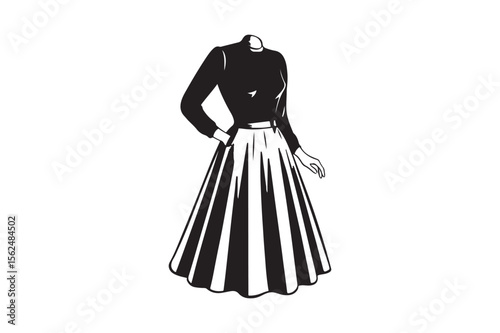 Elegant black and white silhouette of a woman in a full skirt