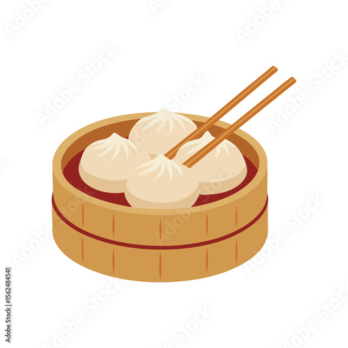 Steamed Dumplings in Bamboo Basket Vector Illustration  
