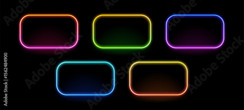 Set of five colorful neon frame vector signs with glowing light on a black background, rounded border rectangle banner.