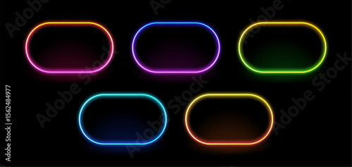 Set of five colourful neon frame vectors with rounded corners. Empty luminous light shapes for retro or futuristic design.