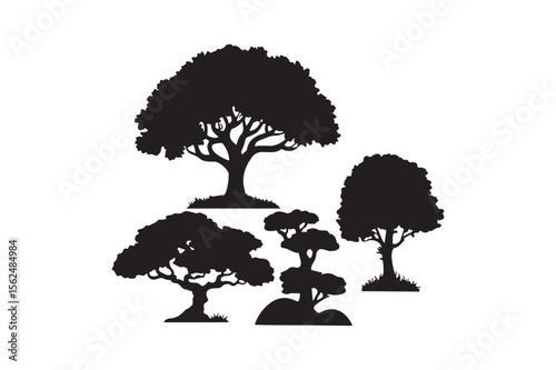 Collection of stylized black tree silhouettes on a white background