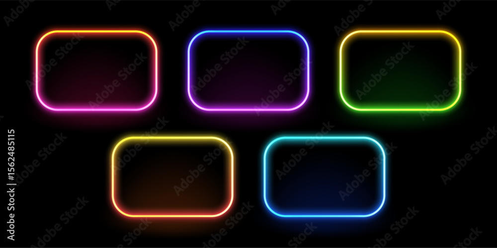 Various colorful neon frames isolated on a dark background. Glowing rectangle border for ad, sign, and modern design. Various colorful neon frames isolated on a dark background. Glowing rectangle border for ad, sign, and modern design.