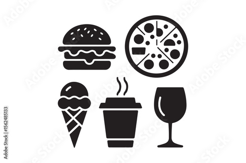 Collection of black icons representing popular food and drink items