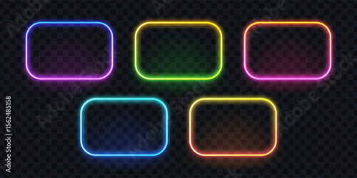 Set of five glowing neon rectangle frames with rounded corners. Colorful light effects for futuristic sign design.