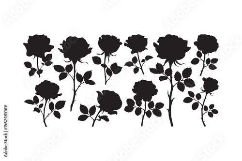 Collection of black rose silhouettes with stems and leaves
