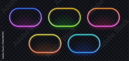 Set of five glowing neon color frames with rounded corners. Bright oval light board banner modern design layout.