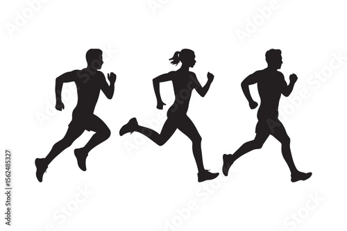 Diverse silhouettes of three runners in motion on a white background