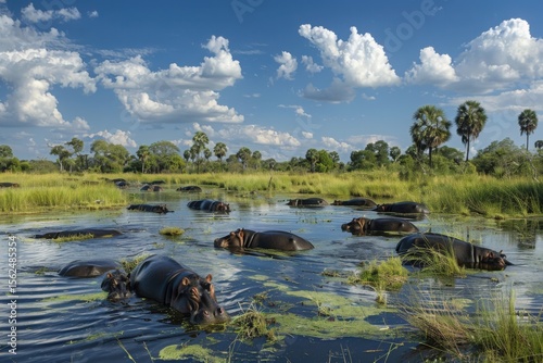 Botswana, Okavango Delta, Herd of Hippos in swamp