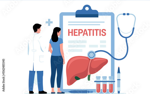 Illustration of doctor and patient discussing hepatitis diagnosis with liver and test tubes