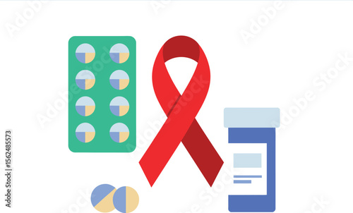 Aids awareness illustration featuring red ribbon, pills, blister pack, and medicine bottle on pink background