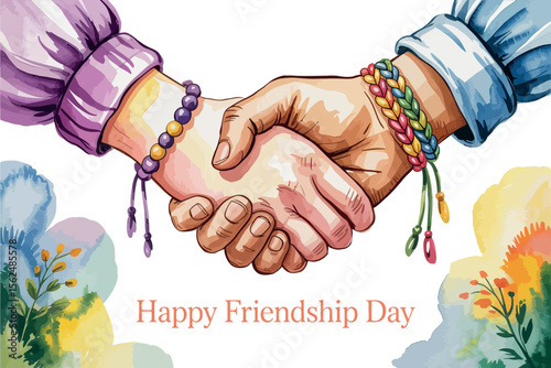 Watercolor illustration of a handshake between two friends with friendship bracelets present