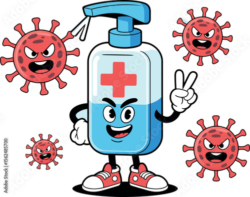 Cartoon hand sanitizer character with a red cross giving a peace sign surrounded by viruses