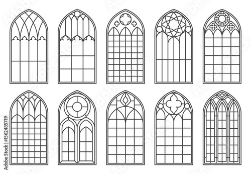 Gothic church glass windows and medieval castle arches. Isolated vector black outline silhouettes set. Vintage stained glass frames cathedral interior, traditional european architecture elements