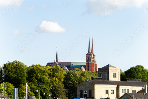 Roskilde Cathedral Towers Rising Above Green Trees and Buildings