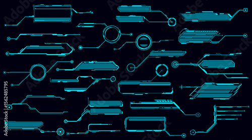 HUD futuristic display and screen, info boxes, ui interface. Vector neon glowing borders graphic design elements. Information panels, callout titles, tech digital bars for game menu, user app set