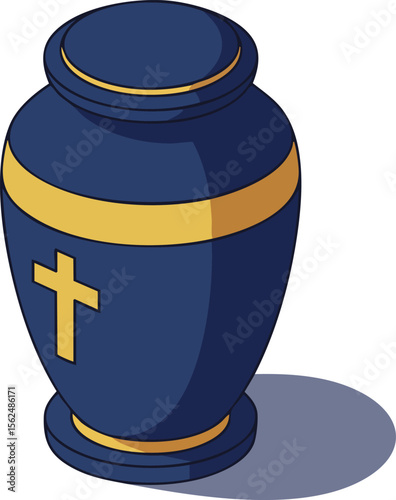 Blue urn with gold cross and decorative bands isometric vector icon for memorial and funeral design