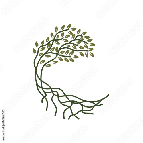 Illustration of a Stylized Tree with Entwined Roots and Leaves

