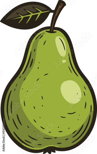 Green pear fruit vector illustration with leaf and stem isolated on white background natural fresh food object