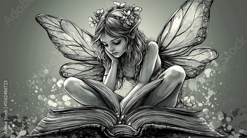 A pensive fairy sits engrossed in a large book.
