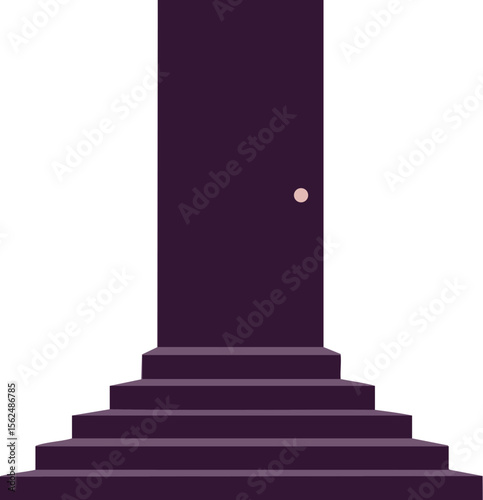 Dark purple door with pink doorknob on stepped platform minimal vector design illustration