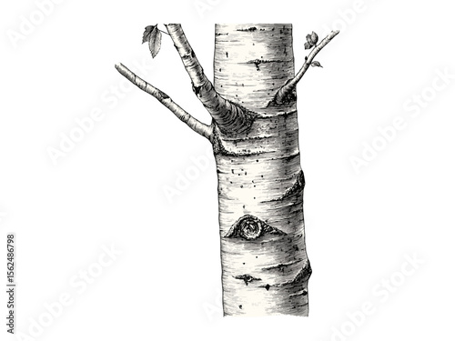 Hand-drawn vintage botanical illustration, engraving of birch tree trunk, birch bark texture, rustic tree decor, eco-friendly art, retro woodland print, black sketch, forest nature