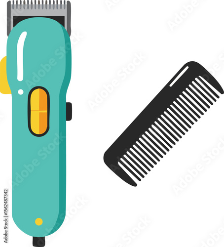 Hair clipper and black comb grooming tools for haircut styling and personal care essentials vector illustration