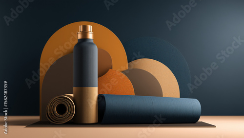 Yoga mat and water bottle with podium setup