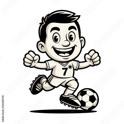 Young boy runs with excitement while playing soccer, aiming to score a goal during an outdoor game