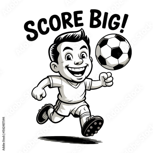 Young boy runs with excitement while playing soccer, aiming to score a goal during an outdoor game