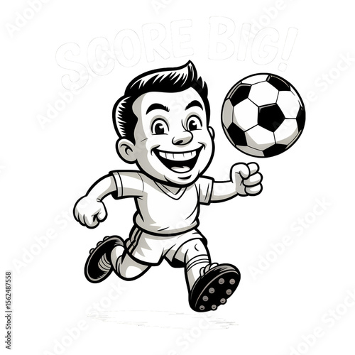 Young boy runs with excitement while playing soccer, aiming to score a goal during an outdoor game