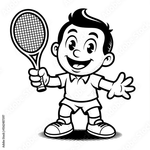 Cheerful young boy holding a tennis racket enjoys playing tennis in a sunny park, showcasing enthusiasm for sports and outdoor activities