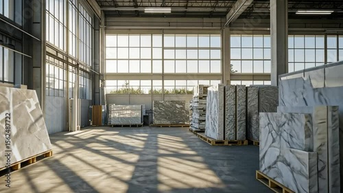 Sunlit Warehouse: Marble Slabs Await Transformation