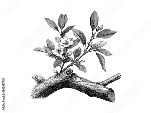 Almond bark engraving, vintage tree trunk sketch, eco-friendly rustic decor, botanical ink illustration, black woodland art, hand-drawn nature tree, antique forest style, retro natural artwork
