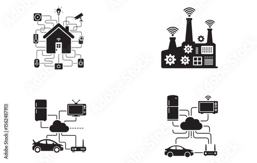 Smart Home Io T Network System Icons Black White Illustration House Factory Car Refrigerator T V