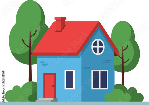 Blue house with red roof surrounded by green trees and bushes vector illustration for home and nature design