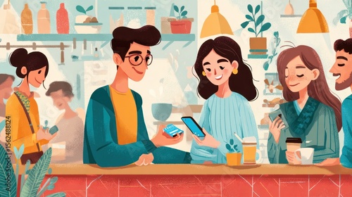 Group of Friends Enjoying Time Together at a Cafe While Using Smartphones