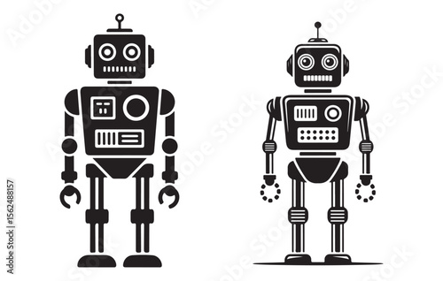 Two Black Retro Robots Standing Sideby Side Simple Flat Design Illustration vintage robot
