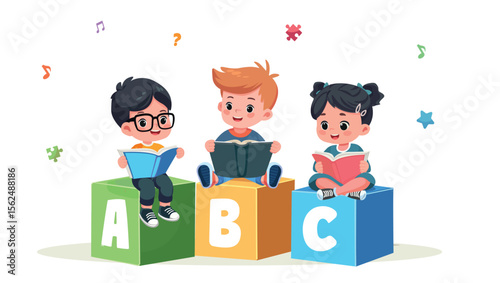 kids reading books together educational banner cartoon vector illustration