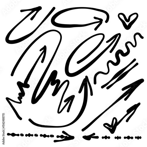 Hand drawn doodle arrows set. Black line arrows and curves in different directions. Sketch style spiral, zigzag, wavy, curved, straight, dashed lines and circles