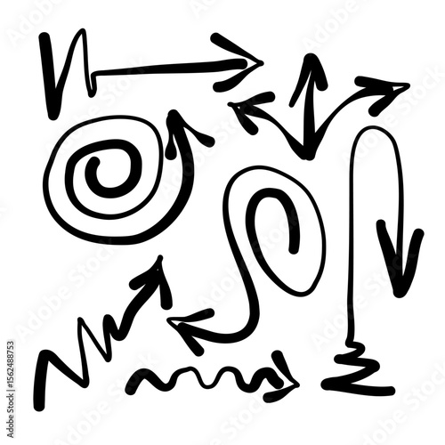 Hand drawn doodle arrows set. Black line arrows and curves in different directions. Sketch style spiral, zigzag, wavy, curved, straight, dashed lines and circles