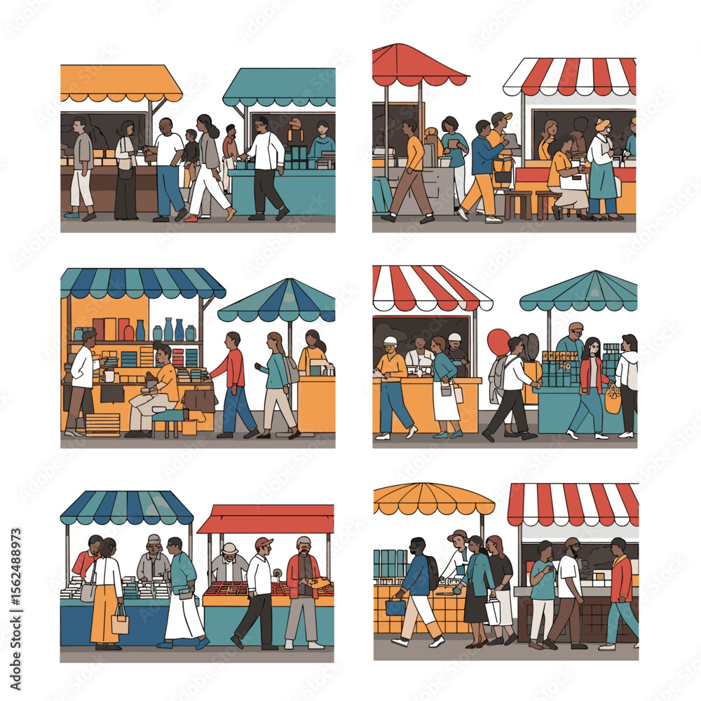 Obraz premium Vibrant Market Scenes: Diverse Crowds Shopping at Colorful Stalls Illustration