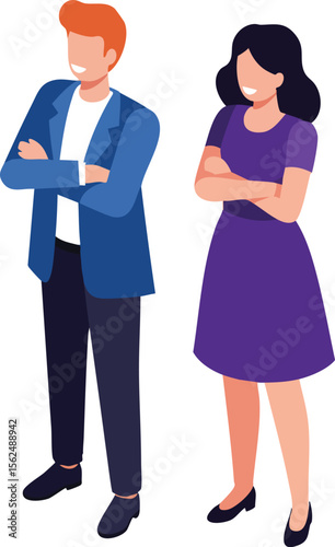 Young man and woman standing with arms crossed confident posture casual clothing vector illustration