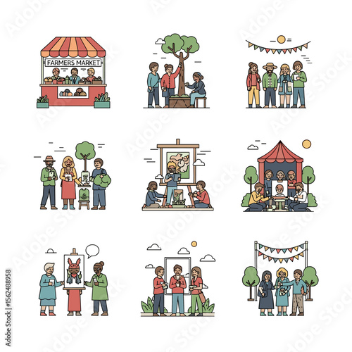 Vibrant Illustrations of Community Events: Farmers Market, Art Show, and Festive Gatherings