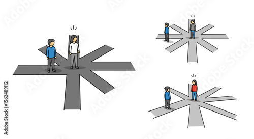 Cartoon people at crossroads, multiple paths, decision making, different directions
