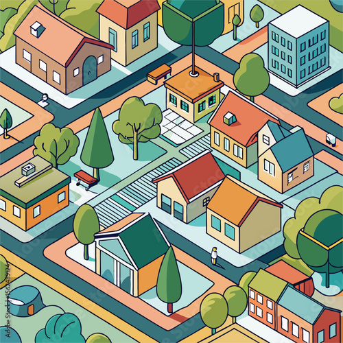 Bird’s-Eye View of Residential Neighborhood in Minimal Line Art Style. Urban Top View Vector Map Illustration Design