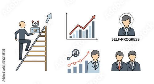Career Progression Icons: Climbing Ladder, Growth Charts, and Successful Businesspeople