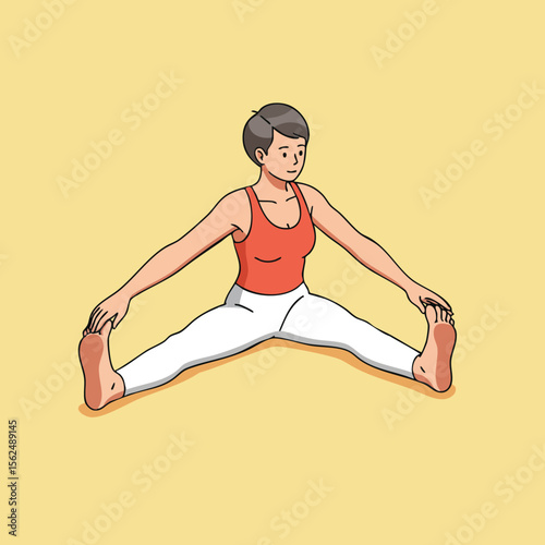 Woman stretching legs in seated straddle pose wearing red top and white pants on beige background vector illustration