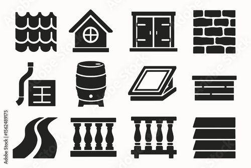 Black set of 12 building icons. Minimal vector for construction, home parts, and renovation.