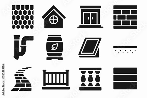 12 black house detail icons. Solid vector for architecture, structure, and exterior design.