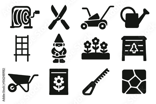 Black set of 12 yard icons. Minimal vector for home gardening and decoration.